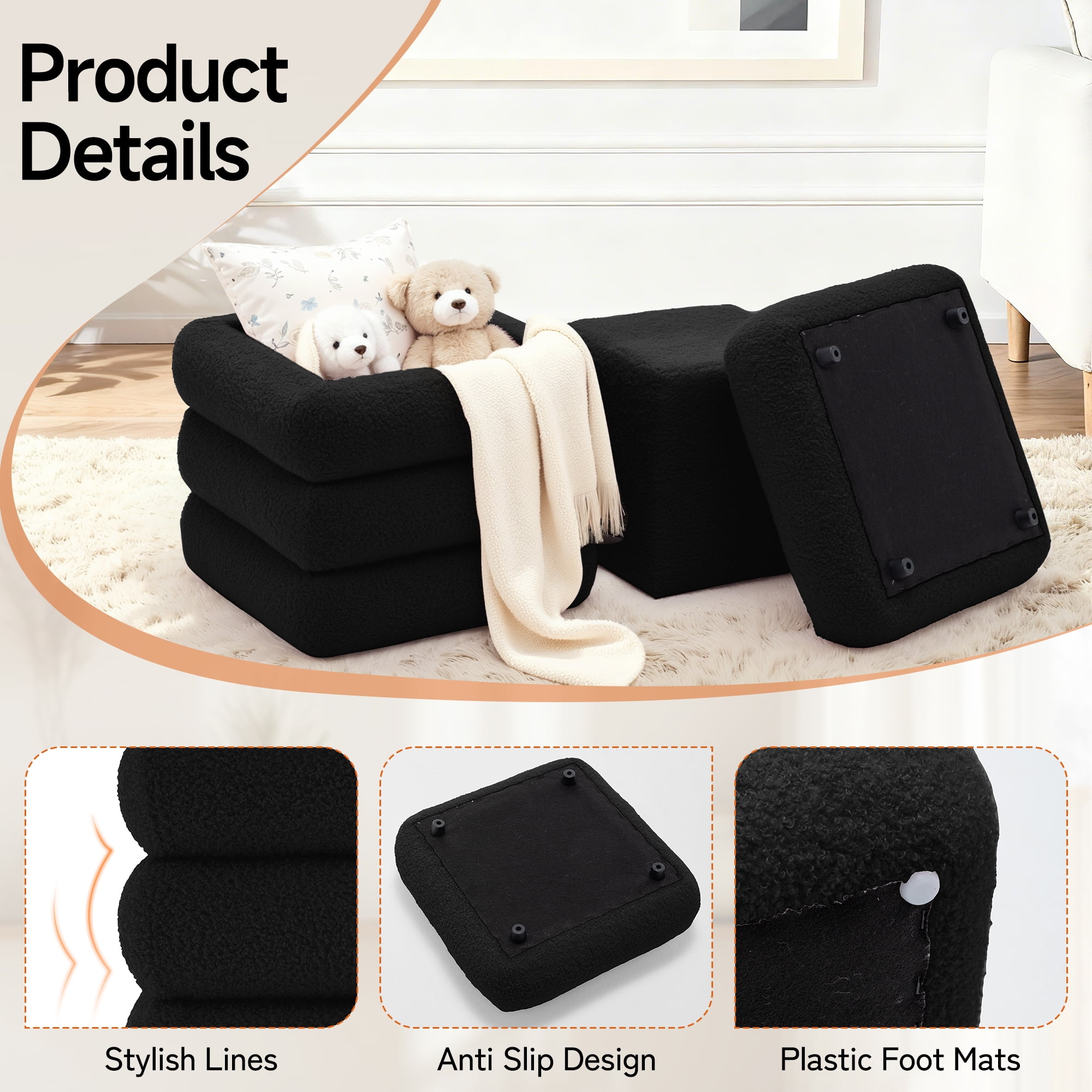 Korser Square Ottoman with Storage Set of 2,Upholstered Teddy Vanity Stool for Living Room,Bedroom,Black