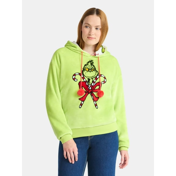Dr. Seuss The Grinch Women's Reversible Graphic Fleece Hoodie with Long Sleeves, Sizes XXS-XXL
