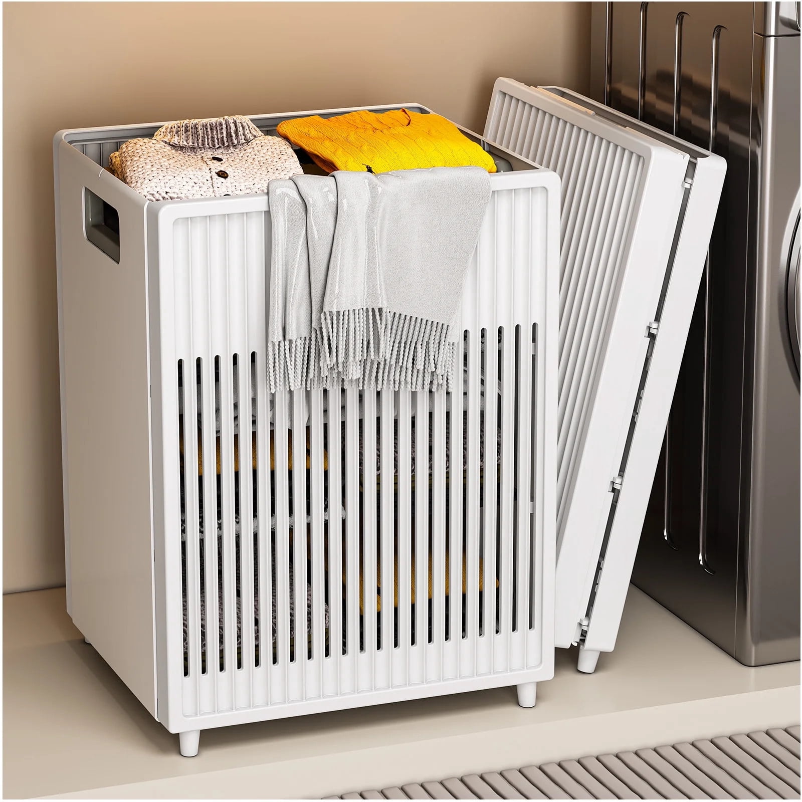 TEAFIRST Laundry Hamper Basket, Foldable Sturdy & Handy Clothes Hampers,Collapsible, White, 40L