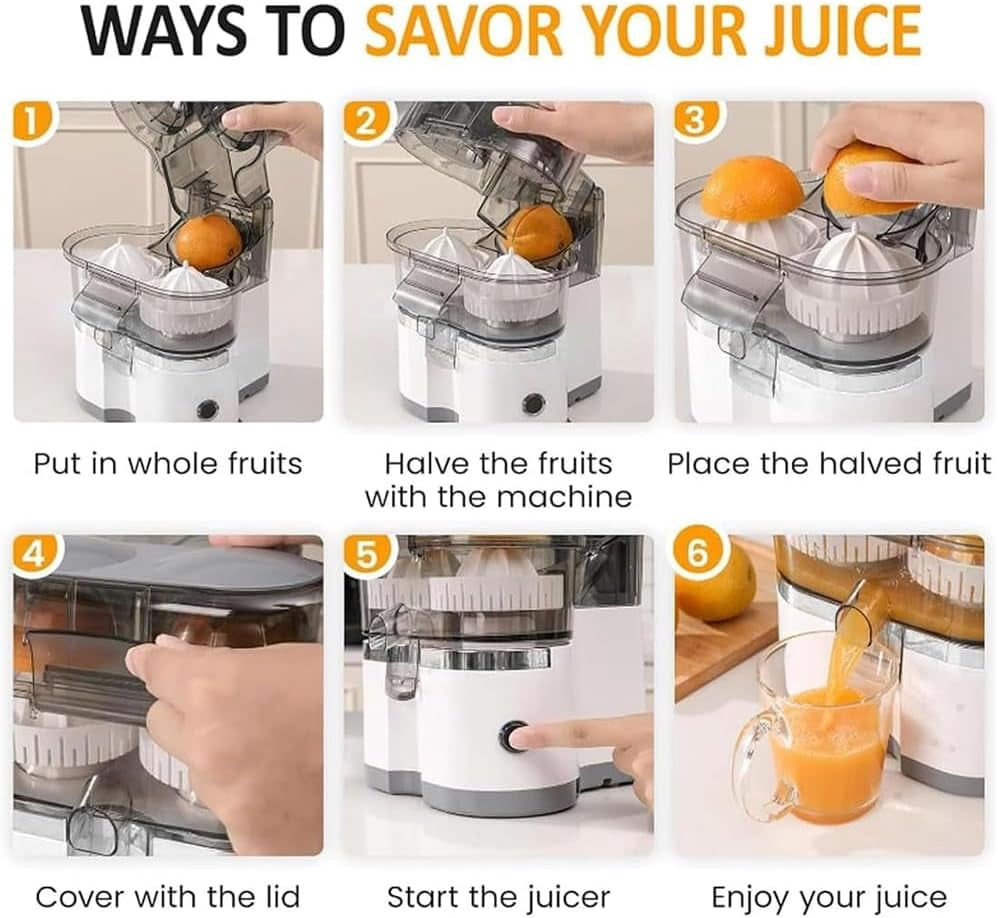 Dual-Head Automatic Citrus Juicer, Dual-Head Electric Citrus Juicer, 2-Speed One-Touch Juicing Machine with Built-in Cutter and Cleaning Brush, High juice yield, Orange Lime Squeezer for Kitchen (B)