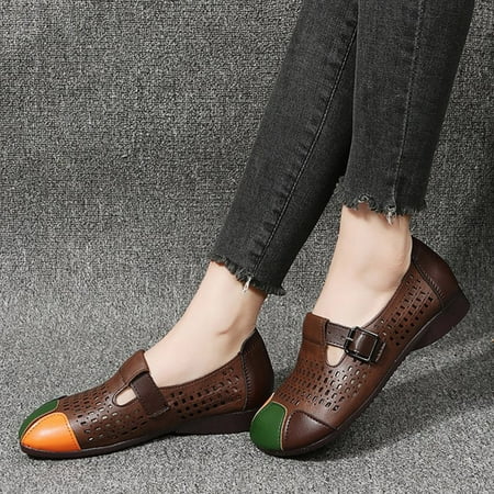

ERTUTUYI Women s Fashion Soft Leather Beef Tendon Soft Bottom Flat Heel Single Shoes Round Toe Four Seasons Lazy Shoes Brown 39