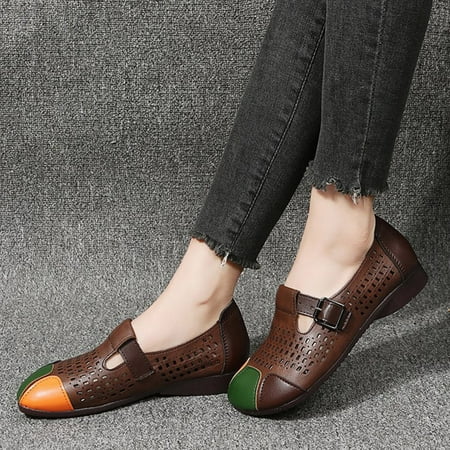

uikmnh Women Shoes Women s Fashion Soft Leather Beef Tendon Soft Bottom Flat Heel Single Shoes Round Toe Four Seasons Lazy Shoes Brown 7