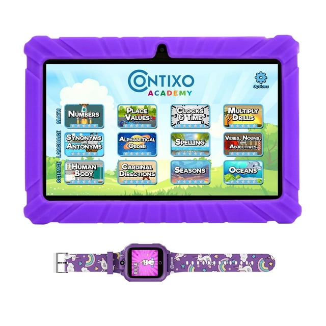 Contixo Tableta para Niños de 7" y Paquete de Reloj Inteligente, Aprendizaje STEM con Contixo Academy, Niños de 3-7 Años, Controles Parentales, Android Tablet, WiFi - Rosa