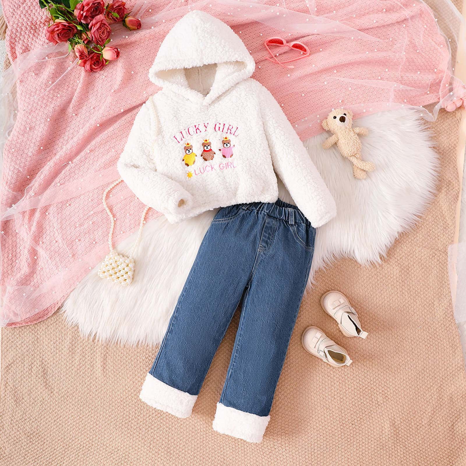 Gubotare Toddler Girl Fall Clothes Baby Girls Clothes Girls 2PCS Fall Winter Hoodie Outfits Set Print Toddler Girls Long Sleeve Top Pants Set Size 3T 4T (White,3-4 Years)