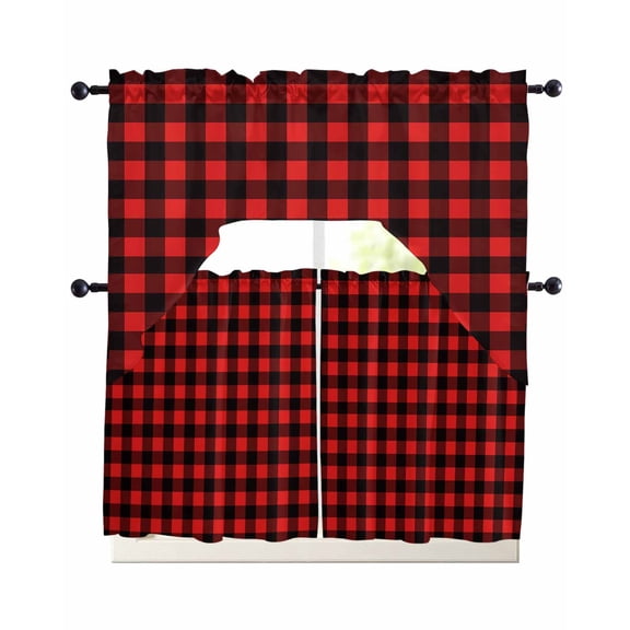 Black Red Plaid Swag Kitchen Curtains Sets for Windows 24 Inch Length, Vintage Rustic Buffalo Checked Gingham Short Window Curtain Panels Swags Valances and Tiers 3 Piece Set for Cafe/Dining Room