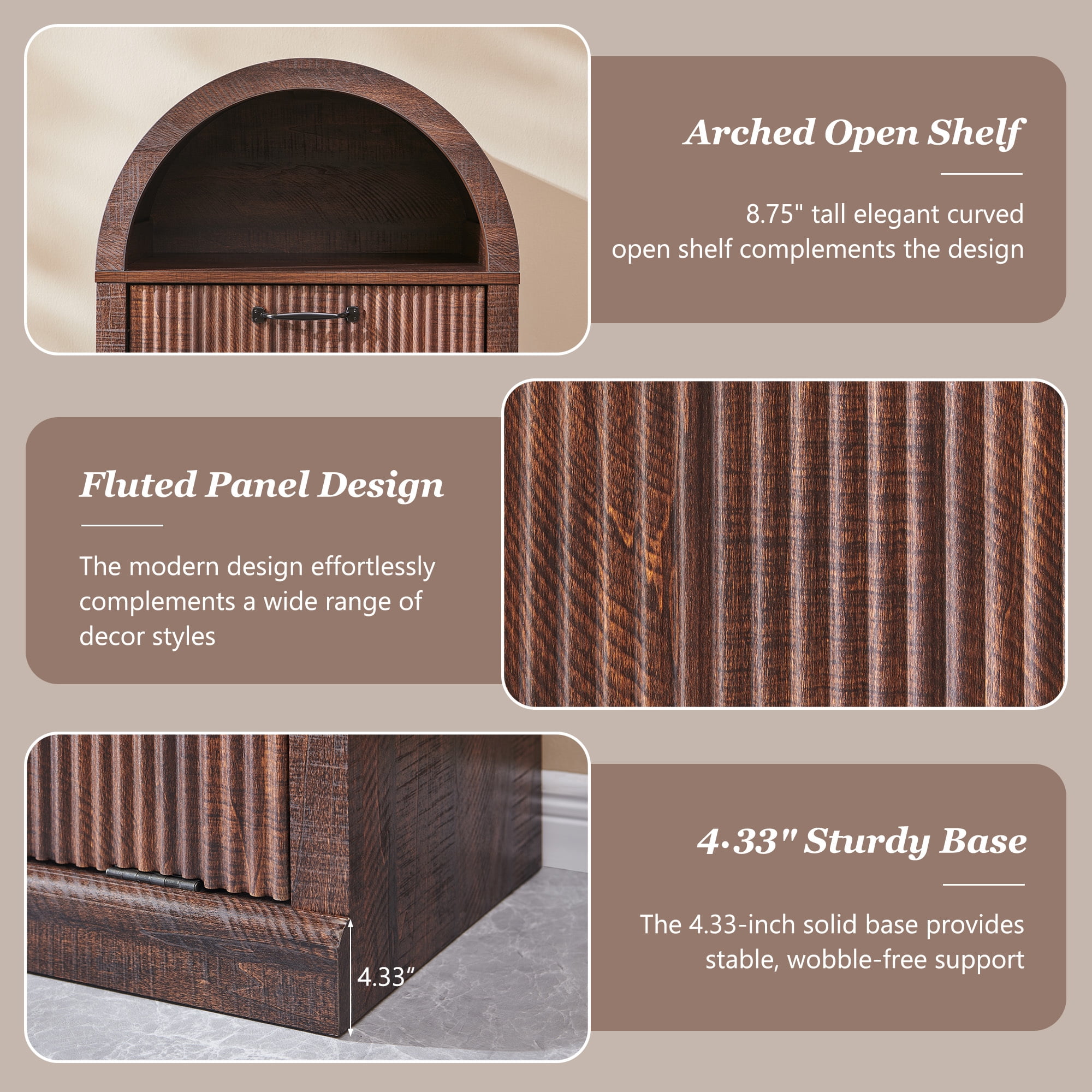 SinCiDo Arched Laundry Hamper Cabinet, 10 Gallon Fluted Hidden Garbage Can Cabinets with Laundry Basket, Free Standing for Bathroom & Kitchen, Brown