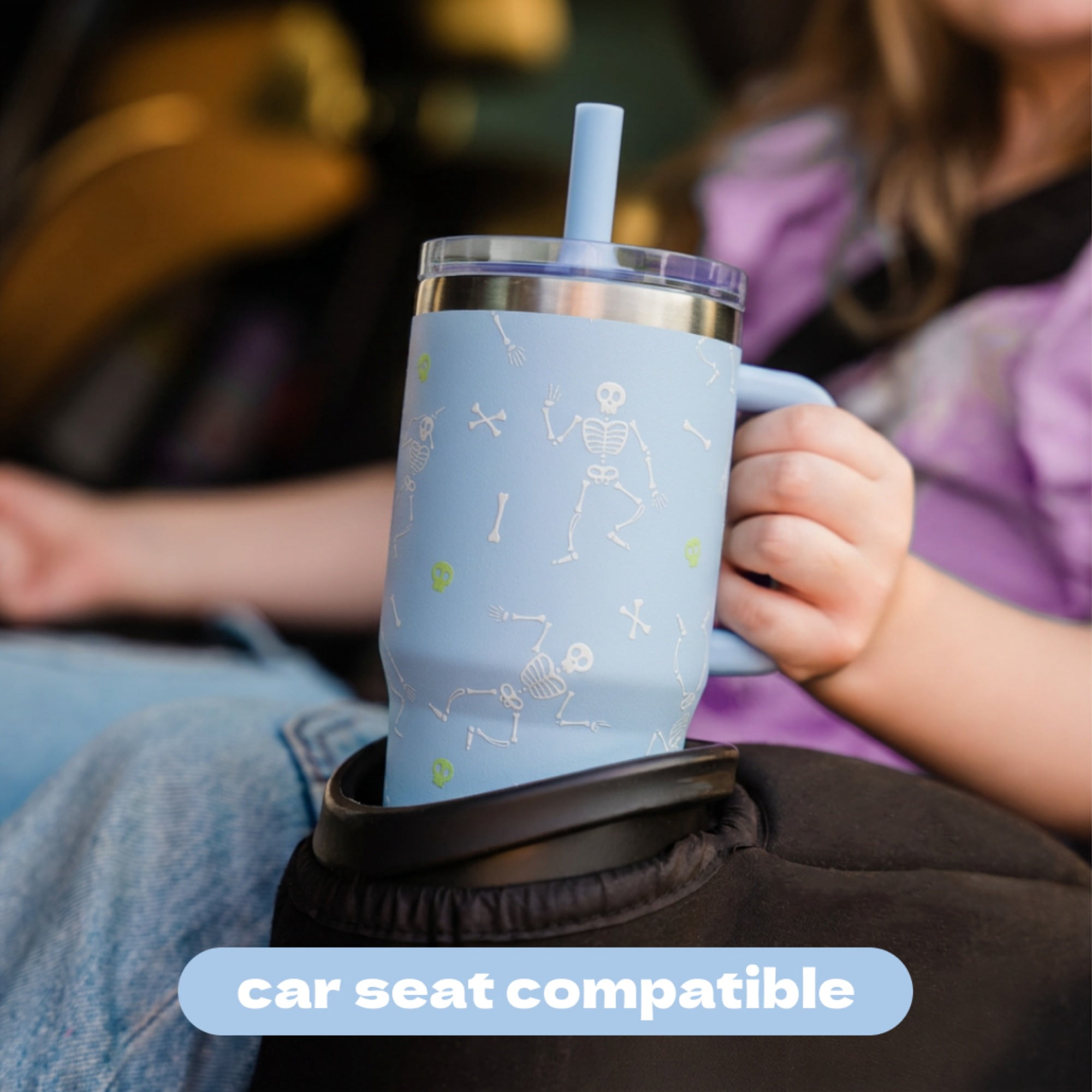 YAYA My First Travel Tumbler for Preschool & Kids 3+, Insulated Stainless Steel Tumbler with Reusable Silicone Straw & Spill-Proof Lid, Cup Holder Compatible, BPA-Free, 12oz, Skeletons