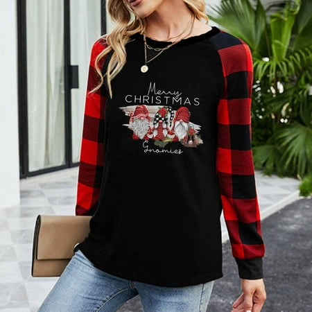 

jsaierl Womens Christmas Sweatshirts Crew Neck Plaid Long Sleeve Shirts Christmas Gnomes Graphic Tops Loose Fit Fall Blouse Tee Xmas Pullover Gifts