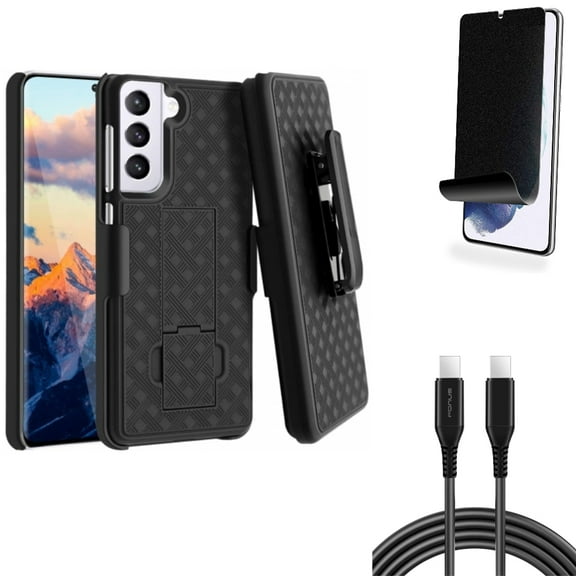 For Samsung Galaxy S21 (6.2") - Power PD Fast Charger Cord 10ft Long USB-C Cable   Swivel Holster Case Belt Clip   [Fingerprint Works] TPU Film Privacy Screen Protector