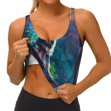 Qokaie Colorful Plant Wolf Pattern Womens Scoop Neck Sports Bra Breathable Workout Vest Padded U Back Medium Impact Fitness Gym Yoga Bra Workout Crop Top