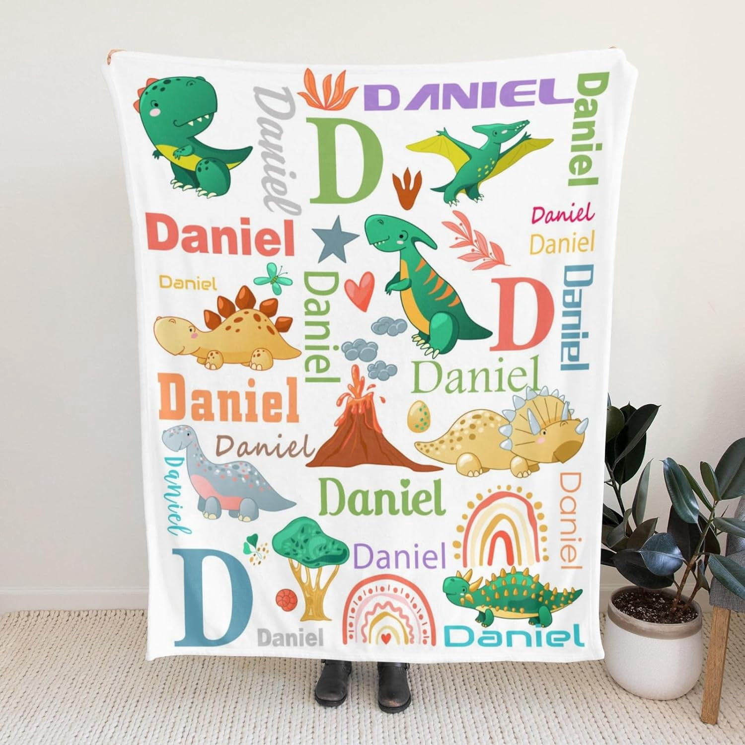Personalized Dinosaur Blanket for Kids, Custom Dino Throw Blanket with Name for Boys and Girls, Toddler Bed, Room & Bedroom Decor, Unique Blankets for Children