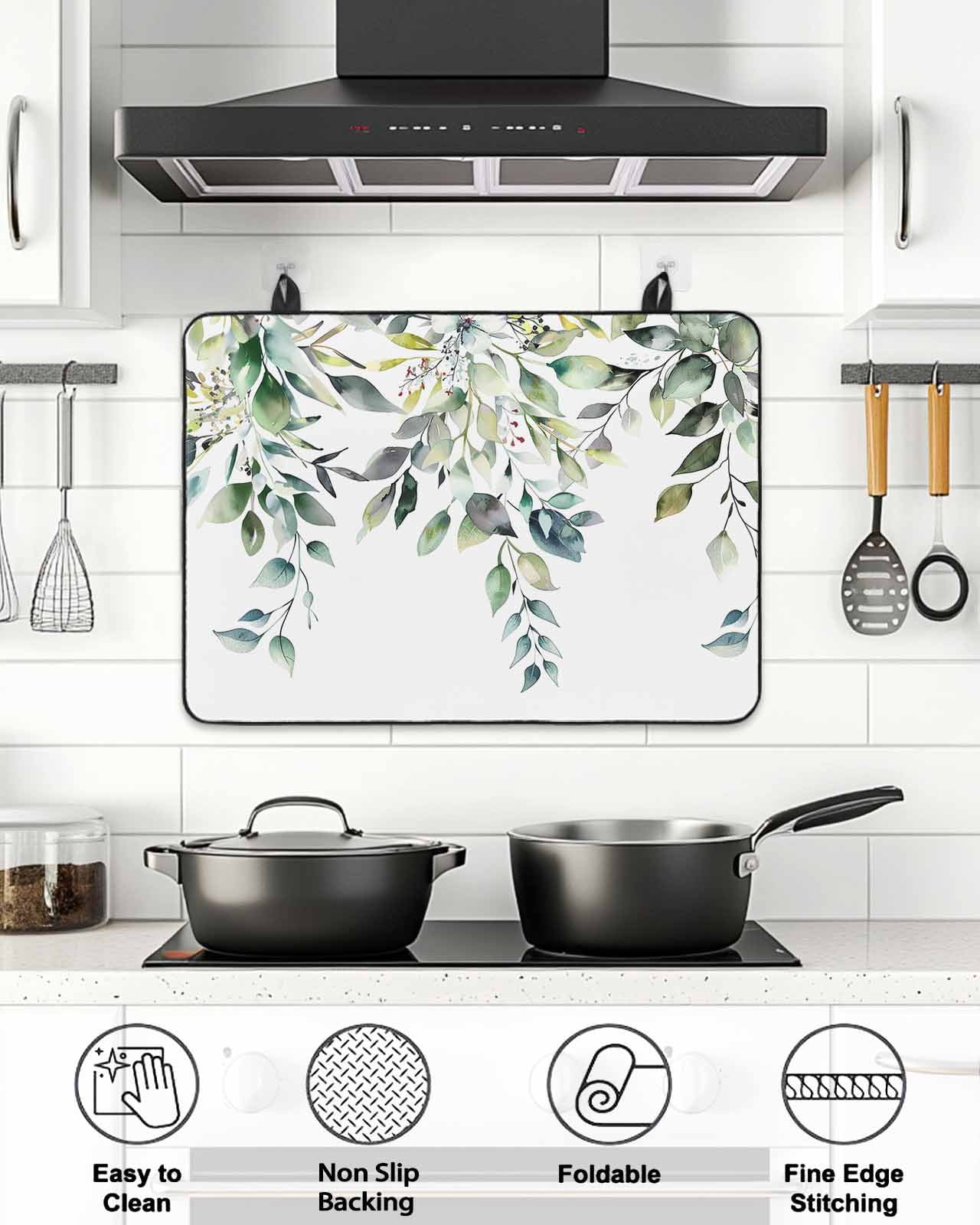 Stove Top Covers for Electric Stove, Eucalyptus Leaves Glass Stovetop Cover Protector, Watercolor Weeping Teal Botanical Induction Cooktop Protector Oven Mat for Kitchen Countertop 24"x21"