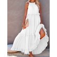 thumbnail image 6 of Women's Resort Style Ruffled Long Dress Round Neck Sleeveless Flowy Beach Dress with Pockets White Garibou S, 6 of 9