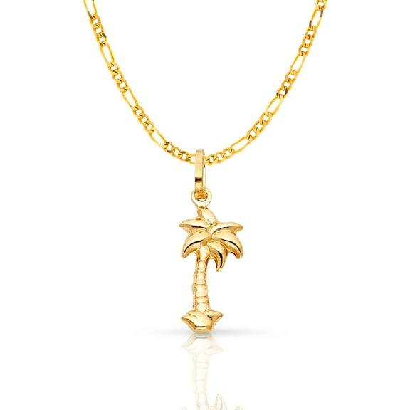 14K Yellow Gold Palm Tree Charm Pendant with 1.6mm Figaro 3 1 Chain Necklace