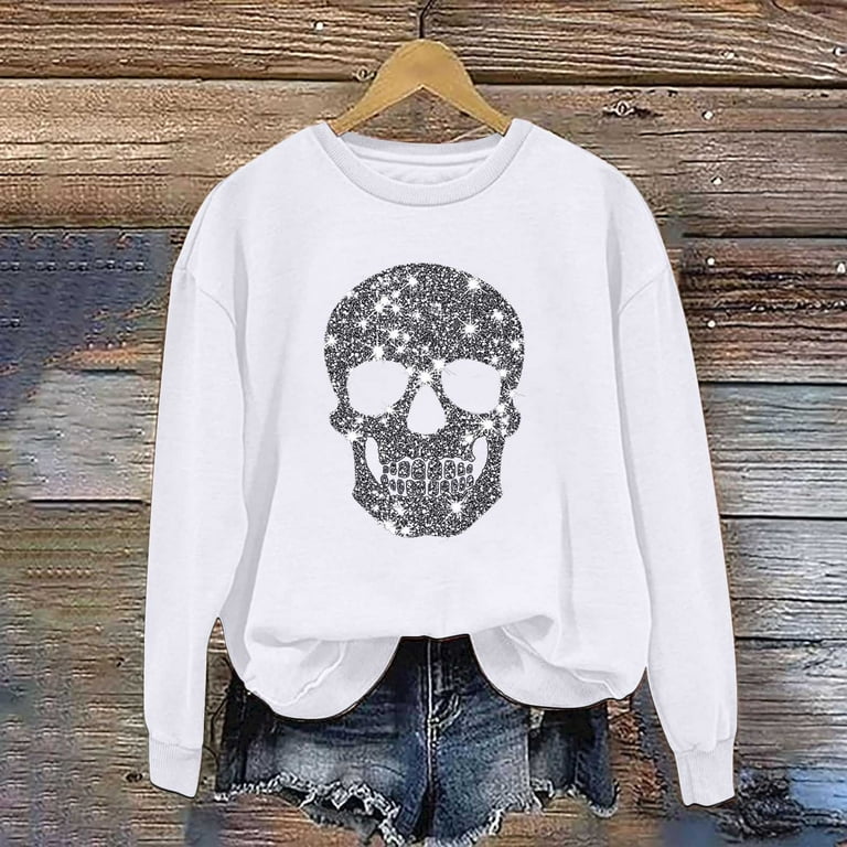 Dazajoo Halloween Shirts for Women Trendy Sequin Skull Long Sleeve