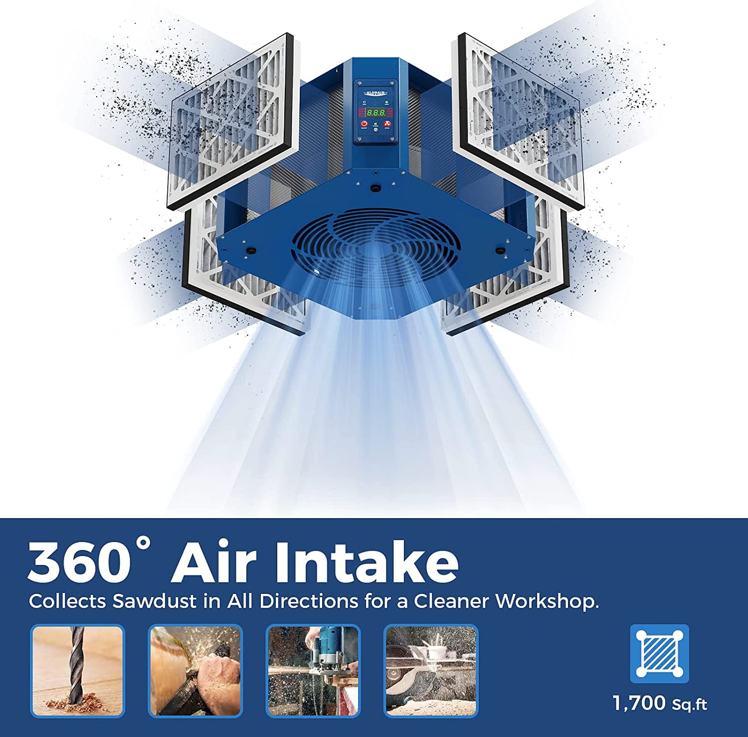 ALORAIR 360 Degree Intake Air Filtration System Woodworking - (1050/1350 CFM) with Strong Vortex Fan, Hanging Mode for Garage Works Shop, Shop Dust Collectors, Purecare 1350