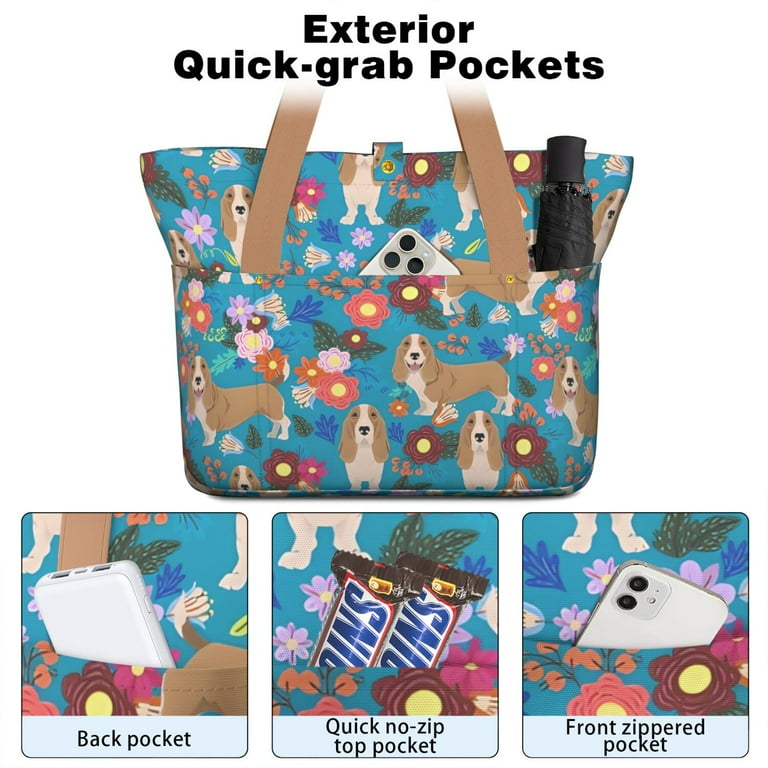 Tote Bag for Women - Basset Hound Dog and Flower Shoulder Bag