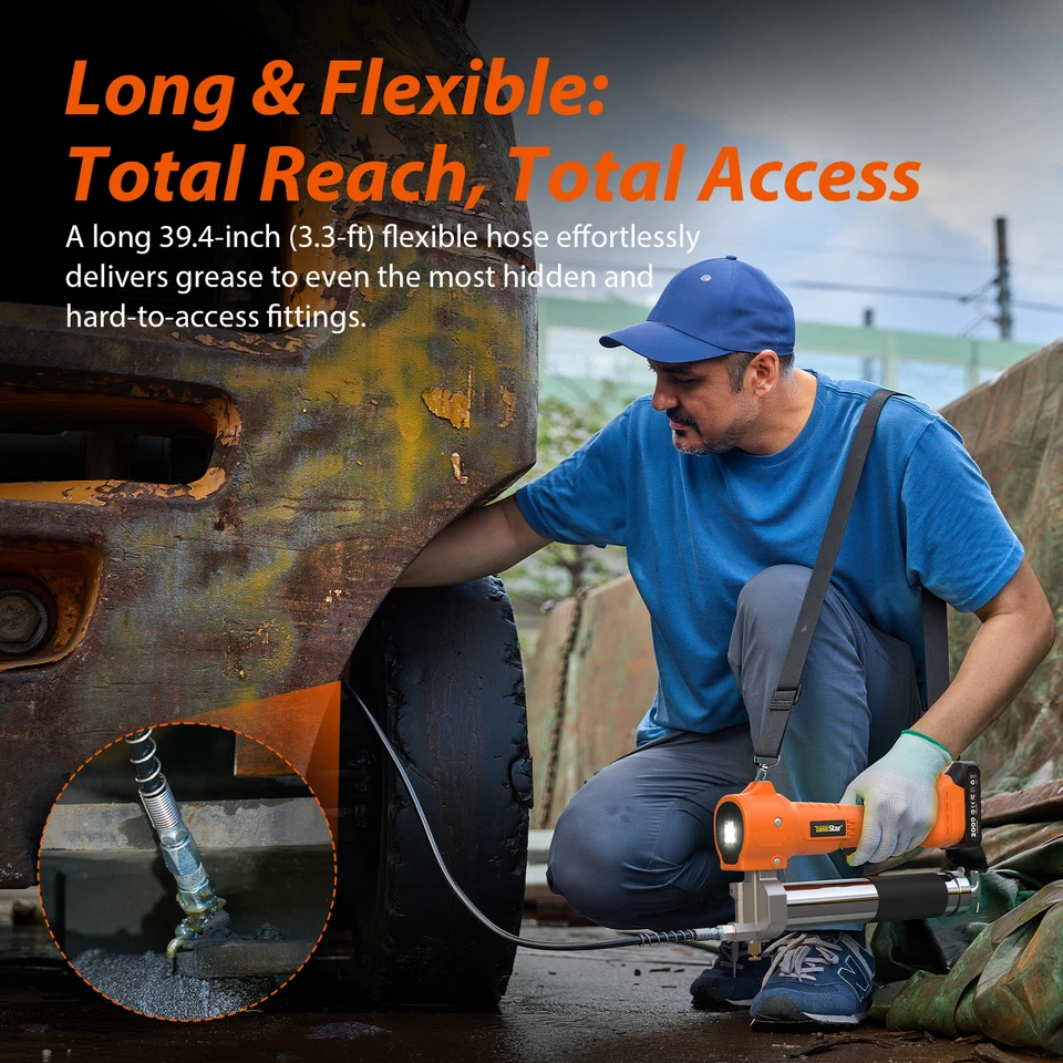 10000PSI Electric Grease Gun TaskStar Cordless Grease Gun Battery Powered with 2*2.0Ah Batteries & Charger, 39.4" Hose, for Farm, Workshop & Heavy Machinery Maintenance