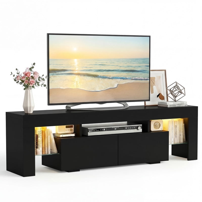 Lacoo 70" LED TV Stand for 70 Inch TV, Modern Media Console with 2 Extra Deep Drawers and RGB Light Strip, Gaming Entertainment Center with Open Glass Shelves