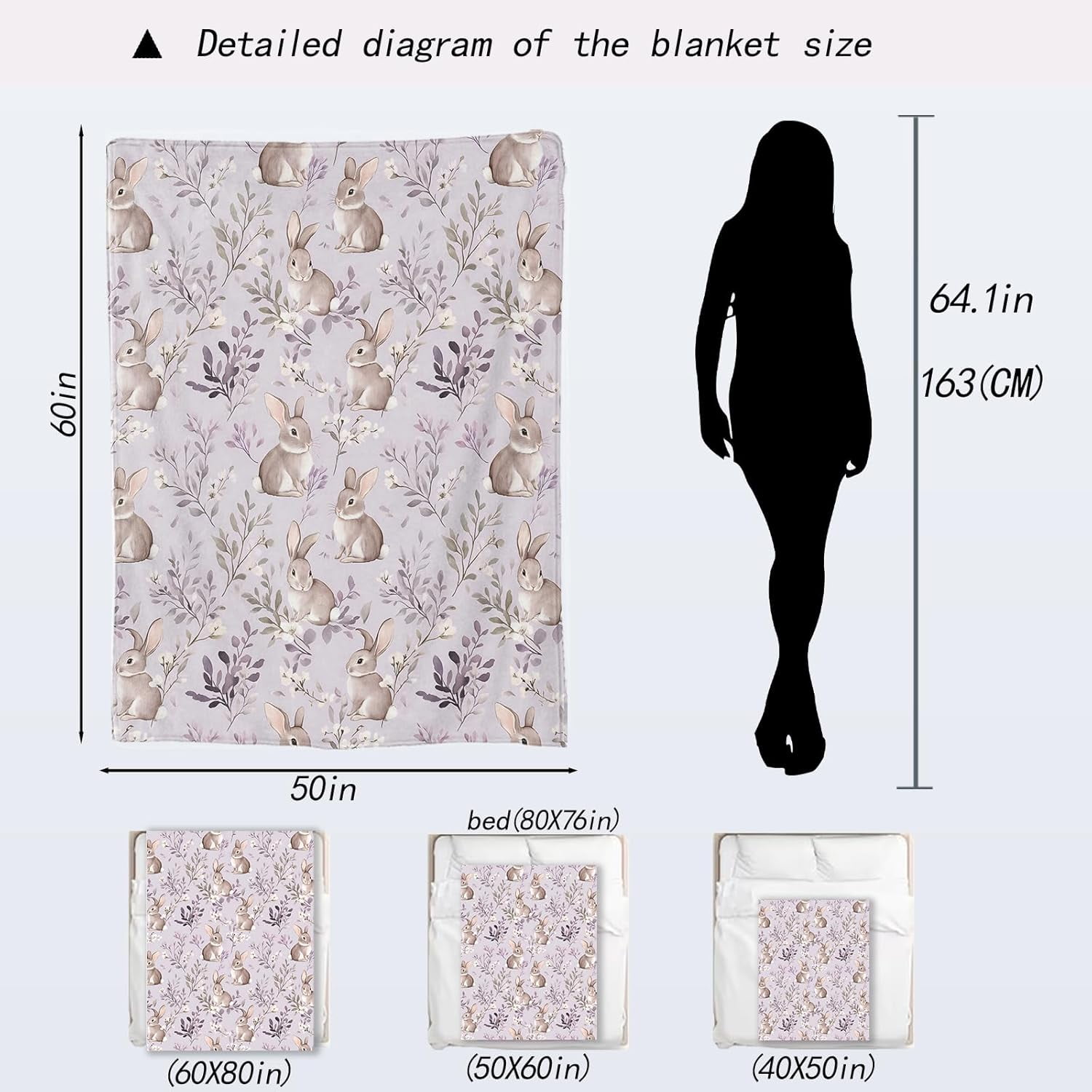 Cute Bunny Blanket - Adorable Rabbit Pastel Lavender Floral Fleece Throw,Gifts for Users Women, Soft & Warm,Lightweight, for Modern Rustic Decor, Animal Lovers, and Room Home Accents 60x80in