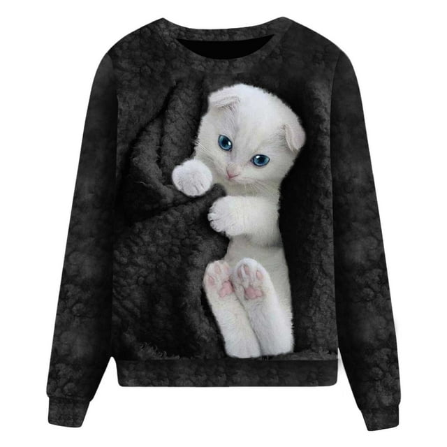 Chandail en Molleton Décontracté à Manches Longues et Col Rond pour Femmes avec Imprimé Animal Chat Mignon, Chandail Sans Capuche pour le Confort