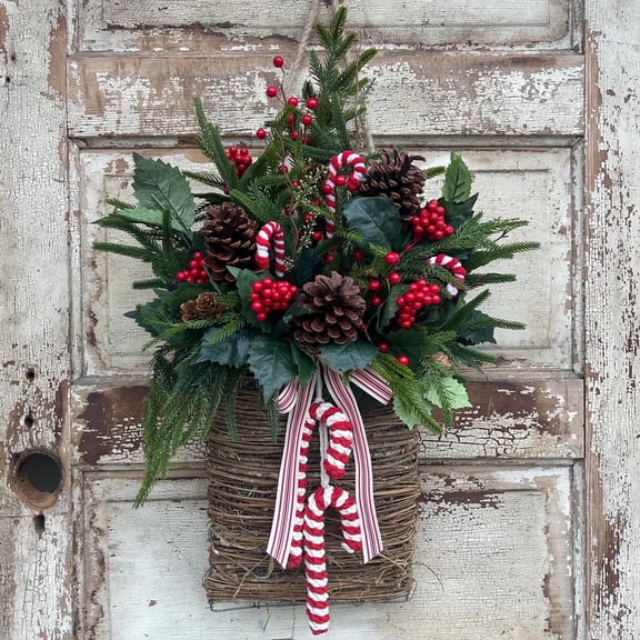 Christmas Hanging Basket for Front Door, Evergreen Door Decor with Red Berries, Pinecones, Candy Cane Accents and Striped Ribbon, Farmhouse Holiday Porch Decoration