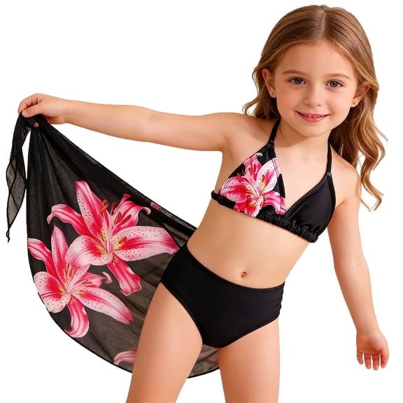 BJUTIR Girls Bathing Suits Floral Print Bikini Set Two Piece Swimwear For Big And Teens Beach Pool Outfit Soft Summer Beachwear Black Size 11-12 Years