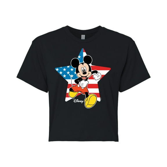 Disney - Americana - Mickey USA Flag Star - Juniors Cropped Cotton Blend T-Shirt