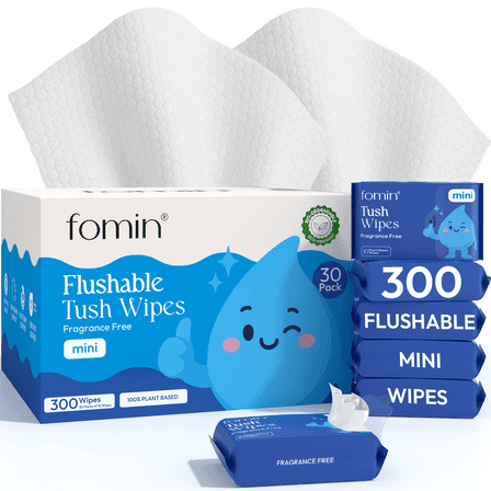 Fomin Mini Flushable Wipes 30 Pack (10 Count) - Fragrance Free Travel Wet Wipes for Women - pH Balanced, Biodegradable Cleansing Wipes - Hypoallergenic, Plant-Based Tush wipes for Adults and Kids