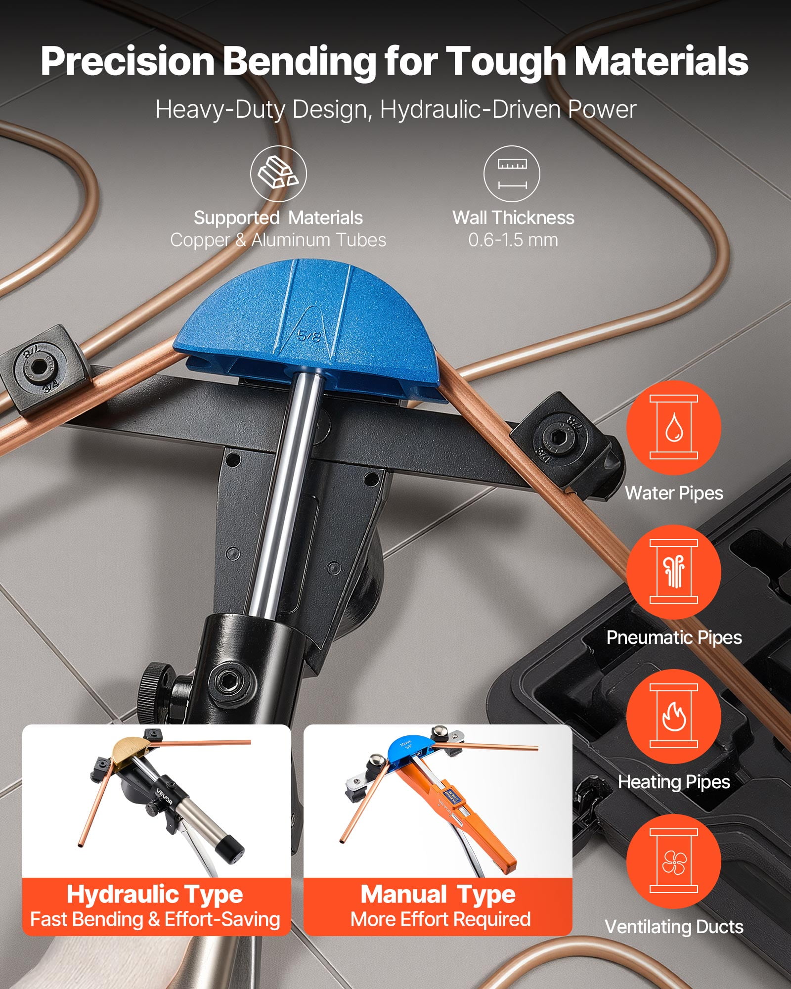 VEVOR Hydraulic Tubing Bender Kit, 1/4 to 7/8 Inch, Copper Tube Pipe Bender, HVAC Bending Tool Set, 90° Bend, with 7 Color Aluminium Alloy Dies, for HVAC Air Conditioning Refrigeration Auto Repair