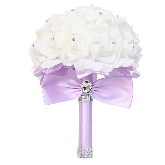 XmhyTop Ramo de novia de rosas artificiales, ramo de flores moradas para dama de honor con cintas de diamantes, ramos de flores falsas para bodas, compromisos, iglesias