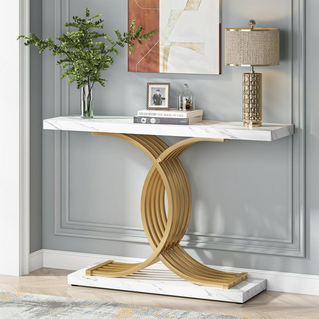Tribesigns 39.4" Console Table, Modern Entryway Hallway Table with Gold Metal Legs, White & Gold