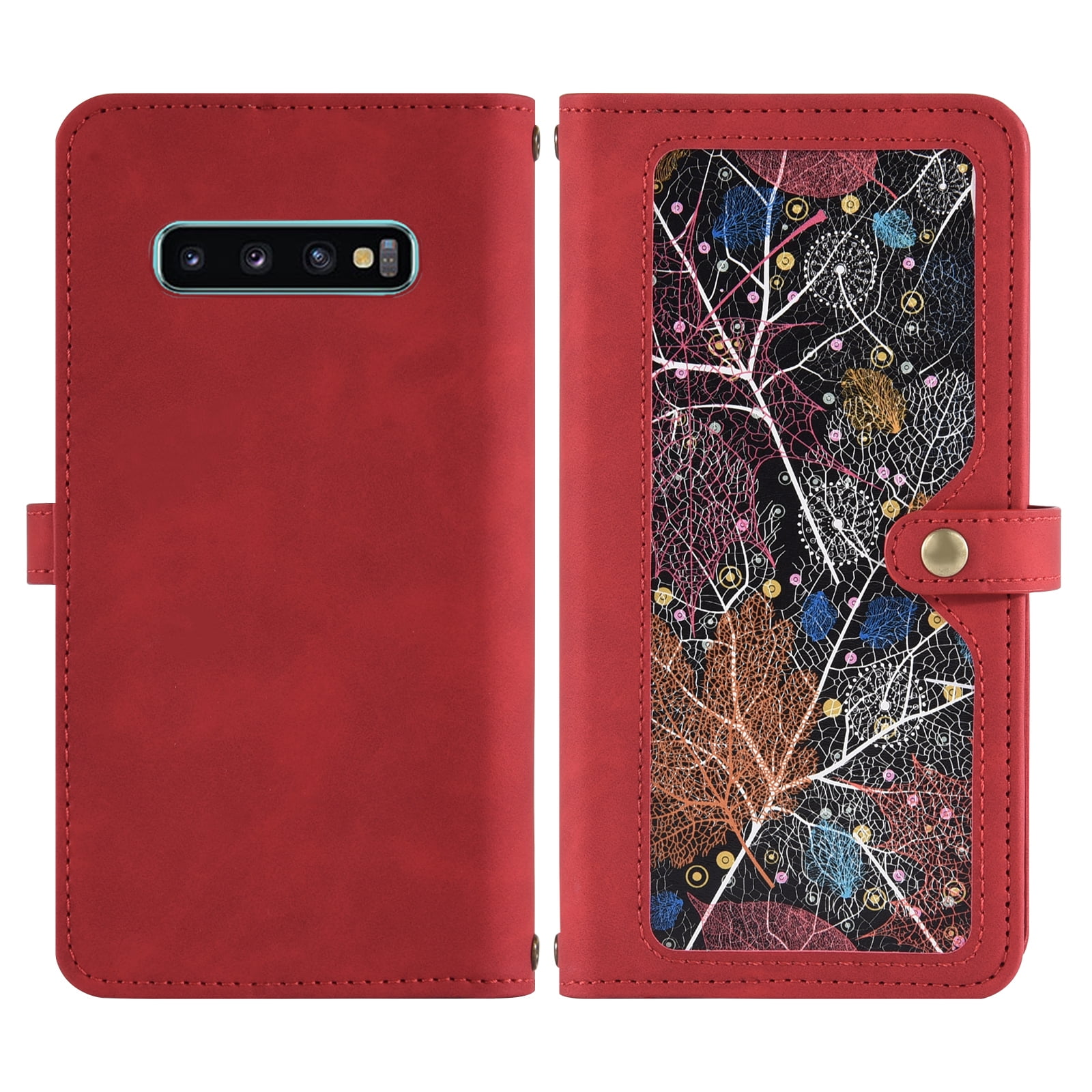 Asuwish Phone Case for Samsung Galaxy S10 Plus Wallet Cover With Tempered Glass Screen Protector Crossbody Wrist Strap Flip Pattern Zipper Card Holder Cell S10+ S10plus 10S Edge S 10 10plus Women Red