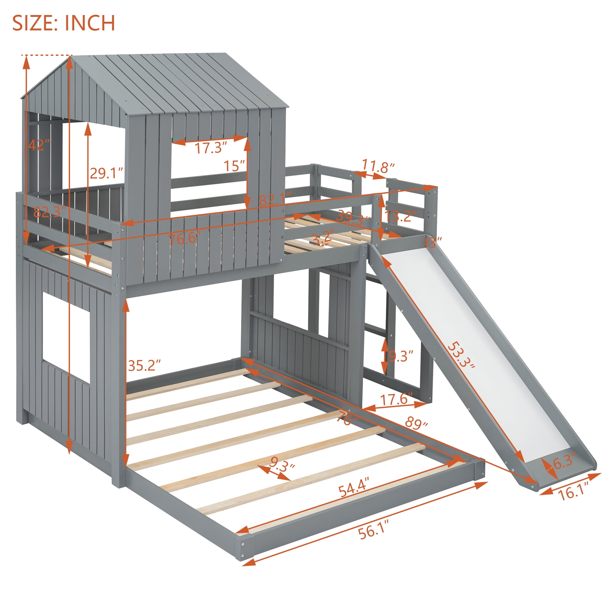 Homy Casa Twin Over Full Bunk Bed, 89" Wood House Bed with Slide, Guardrails & Slats for Kids Bedroom, Gray