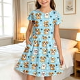 thumbnail image 2 of Rggeeun Toddler Girls Dress Cartoon Animal Print Short Sleeve Crew Neck A Line Flowy Loose with Ruched Ruffle Knee Length for Summer Playground Delicate Sundress,Blue,13-14 Years, 2 of 4