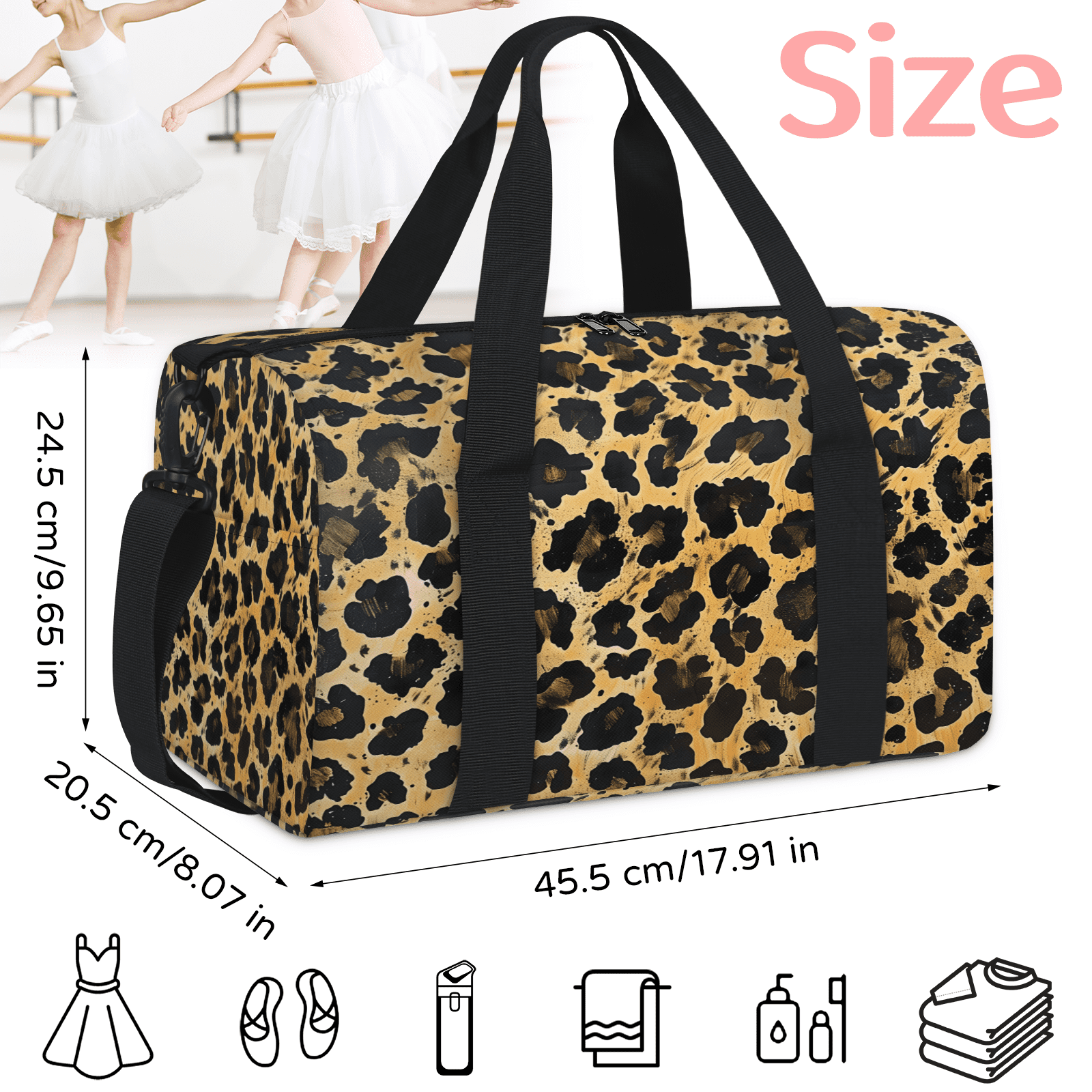 Herdesigns Leopard Print Gym Bag for Women, Duffle Bag for Travel Sport, Lightweight Waterproof Carry on Weekender Overnight Dance Yoga Workout Bags