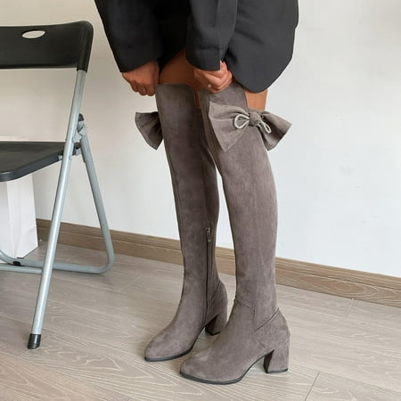 

ZMHEGW Women Boots Suede Rhinestone Bow Side Zipper Pointed Toe High Heel Over Knee Shoes