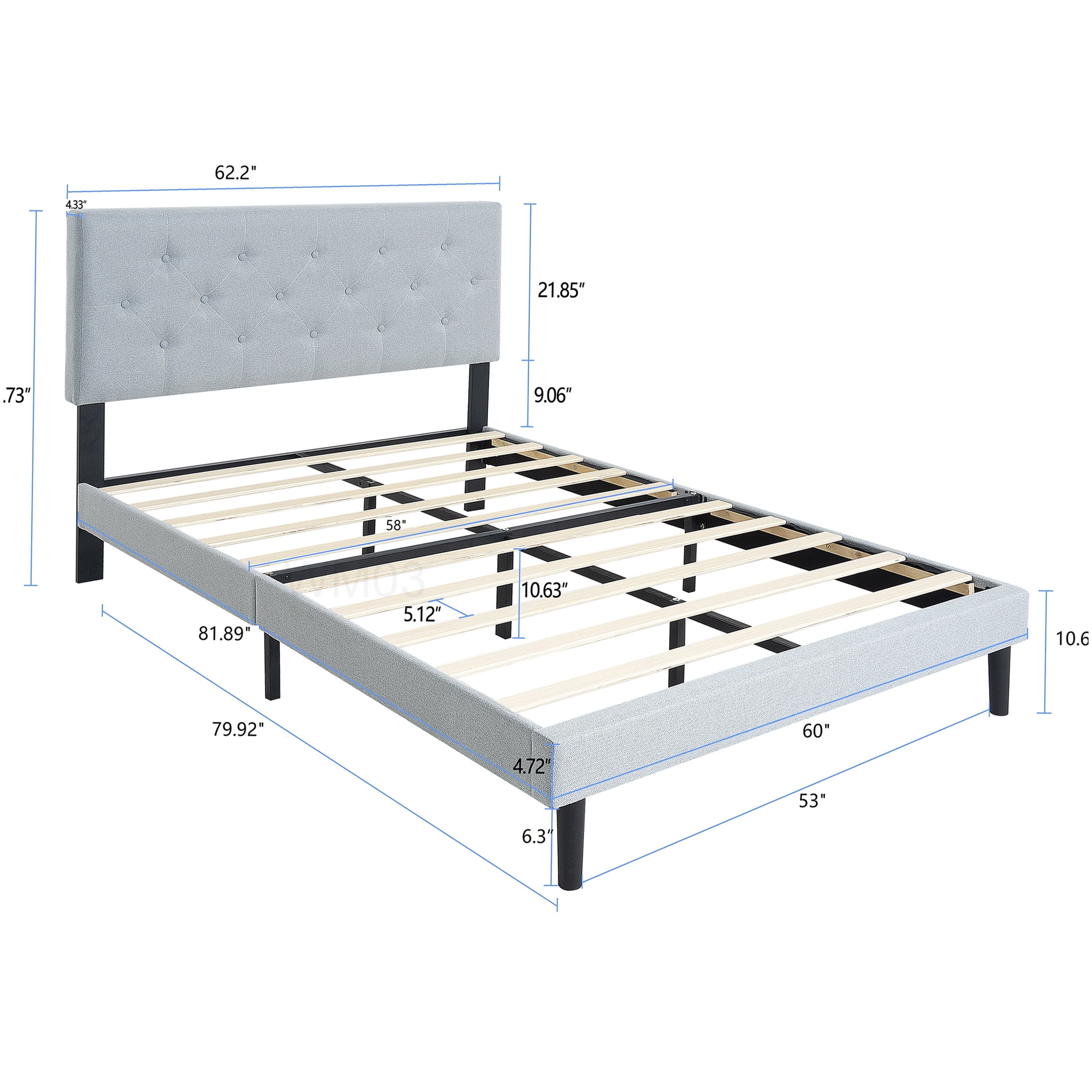 Modern Light Grey Upholstered Queen Bed, Platform Frame with Button Tufted Headboard and Wood Slats, Under Bed Clearance