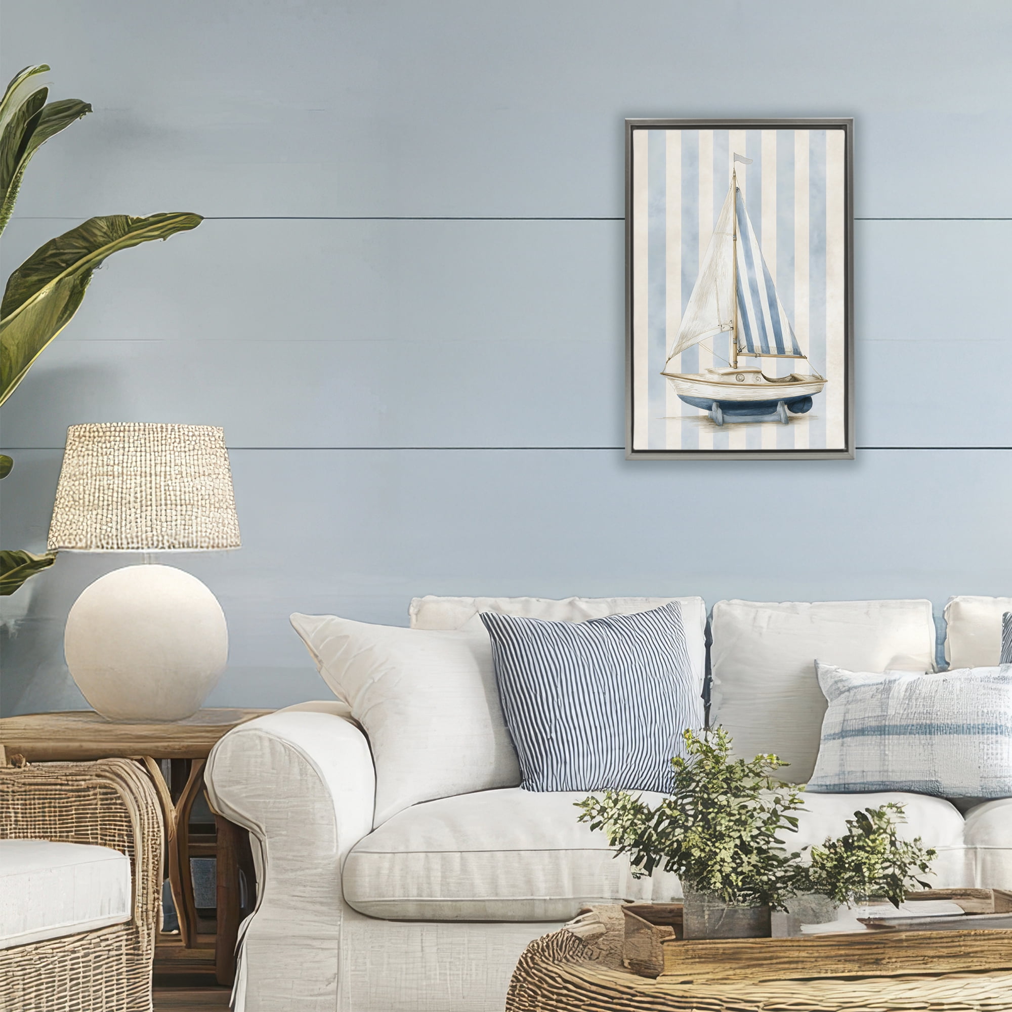 Stupell Industries Seaside Stripes Sailboat Gray Framed Floater Canvas Wall Art, design by Petal Prints Design