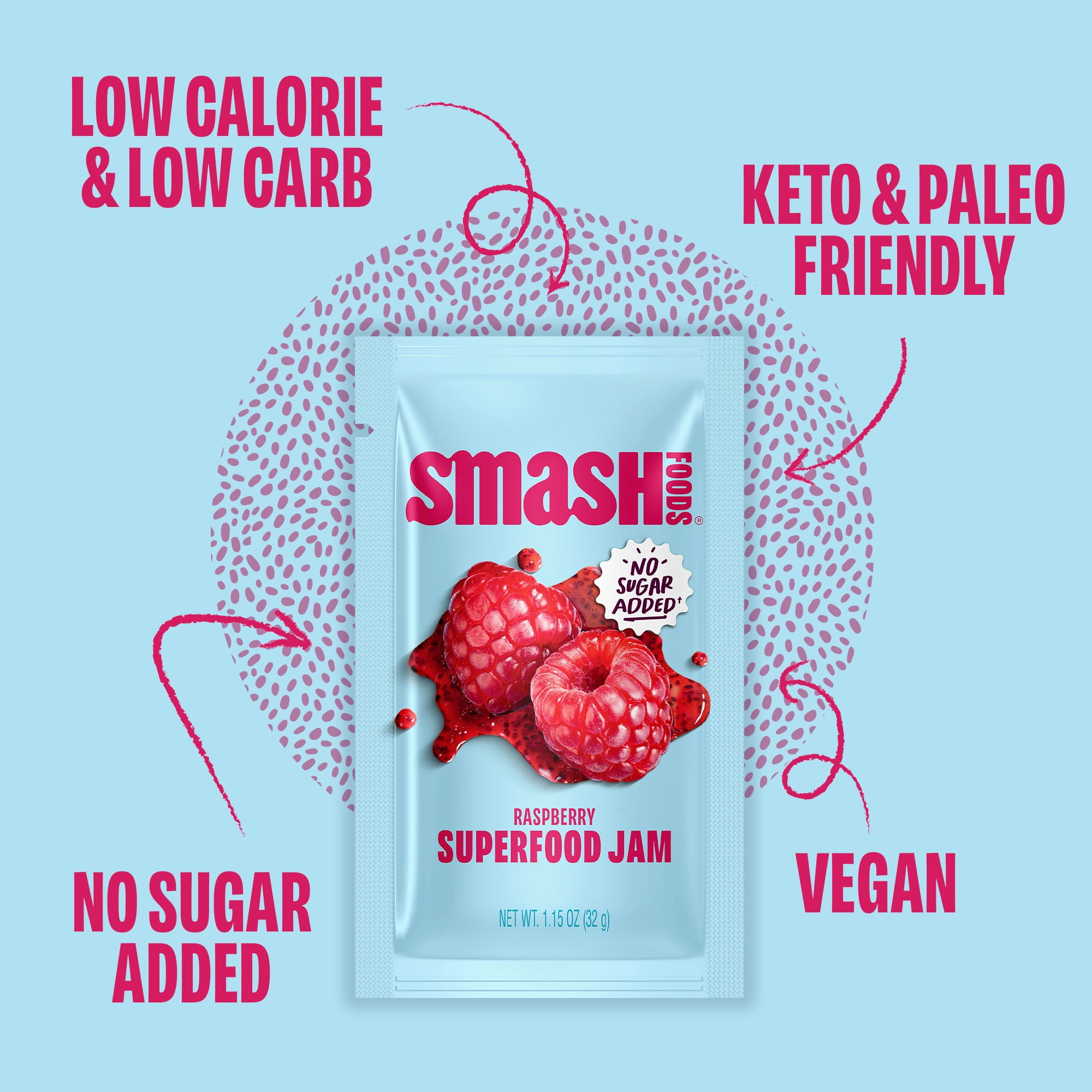 Smash Foods Raspberry Jam Packets, No Sugar Added, Keto, Vegan, 10 Count