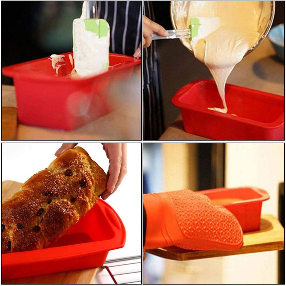4-Piece Red Silicone Bakeware Set with Square Brownie Pan, Bread