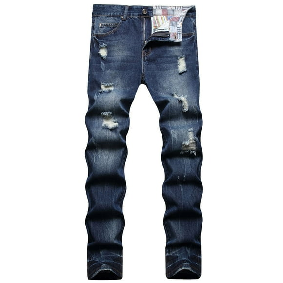Penkiiy Mens Jeans Fashion Trend Men's Micro Elastic Slim Tie Elastic Small Straight Leg Blue Pants