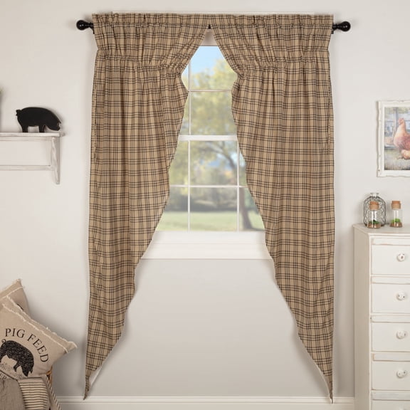 VHC Brands Sawyer Mill Plaid Cotton Farmhouse Curtains Rod Pocket Drawstring Ties Prairie Panel Pair, Charcoal Black