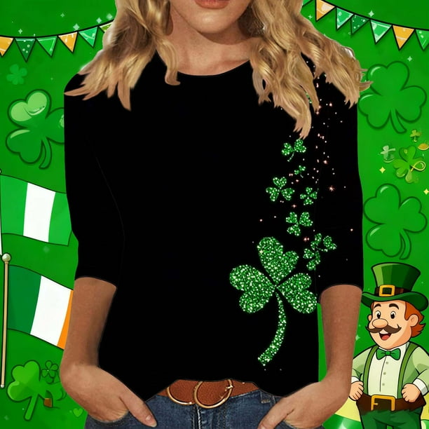 RKSTN St Patricks Day 3/4 Sleeve Tops for Women Oversized Crewneck St Paddy's Day Lucky Shamrocks Graphic Print T Shirt Womens Casual Solid Plus Size Round Neck Loose Three Quarter Sleeve Shirts