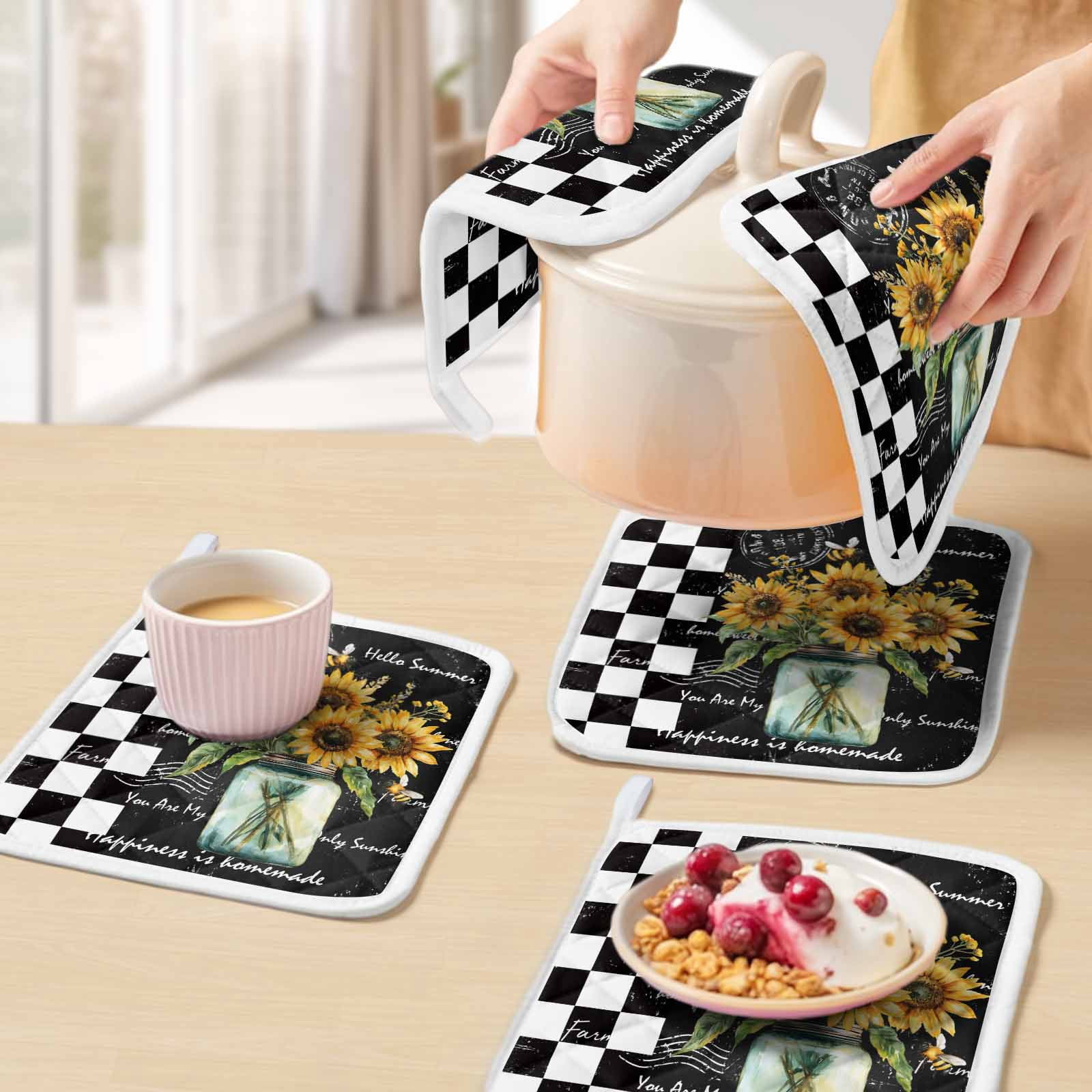 Sunflower Pot Holders for Kitchen Heatproof Potholder, 5 Pack Black White Check Farmhouse Bee Vase Floral Hot Pads Multipurpose Oven Pads Cloth Potholders Trivet for Cooking Baking