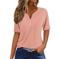 thumbnail image 2 of Fartey Summer Tops for Women 2025 Button Down V Neck Work Tops Slim Fit Short Sleeve Blouse Tees Dressy Casual Solid Color Tunic Tshirt Pink S, 2 of 5
