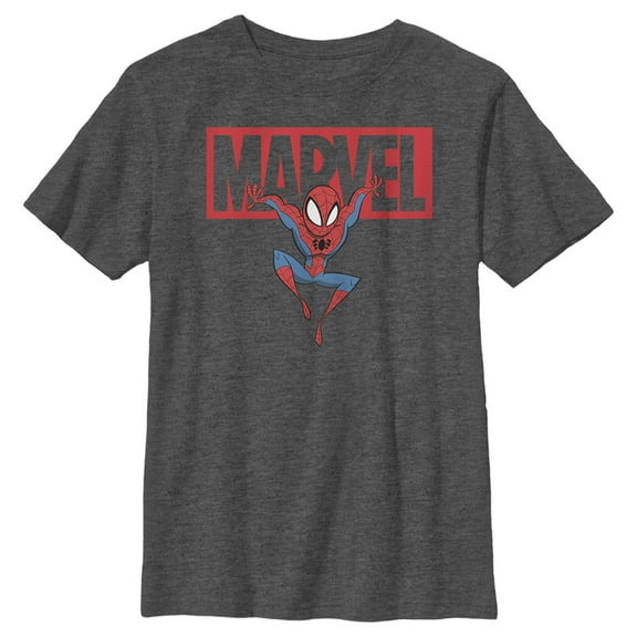 Boy's Marvel Spider-Man Brick Logo  Graphic Tee Charcoal Heather Medium