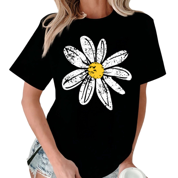 Giffimy Women Single Distressed White Yellow Daisy Floral Graphic Crew Neck Daily Casual Short Sleeve S-5XL Black Tops