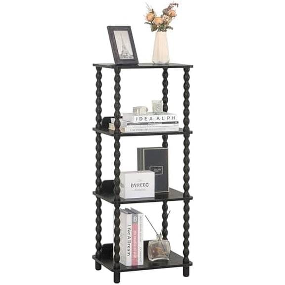 Book Shelf, 4-Tier Bookshelf with Storage, Small Bookcase Display Shelves with Solid Wood Legs for Bedroom, Living Room, Office and Small Spaces (Black)