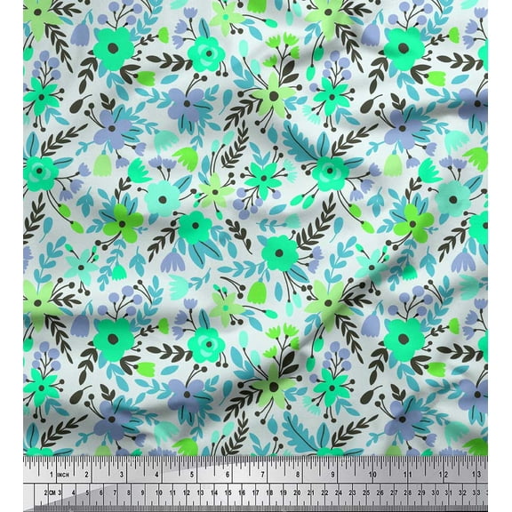 Soimoi Green Cotton Duck Fabric Leaves & Periwinkle Floral Print Fabric by the Yard 42 Inch Wide